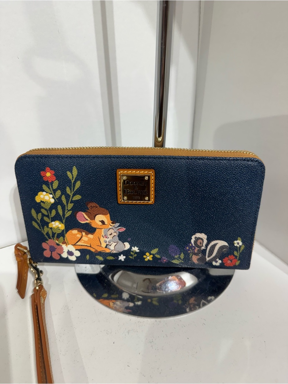 Dooney & Bourke Disney Navy Bambi Floral Zip Wallet with Tan Trim